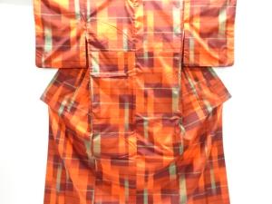 アンティーク　格子織り出し手織り紬着物